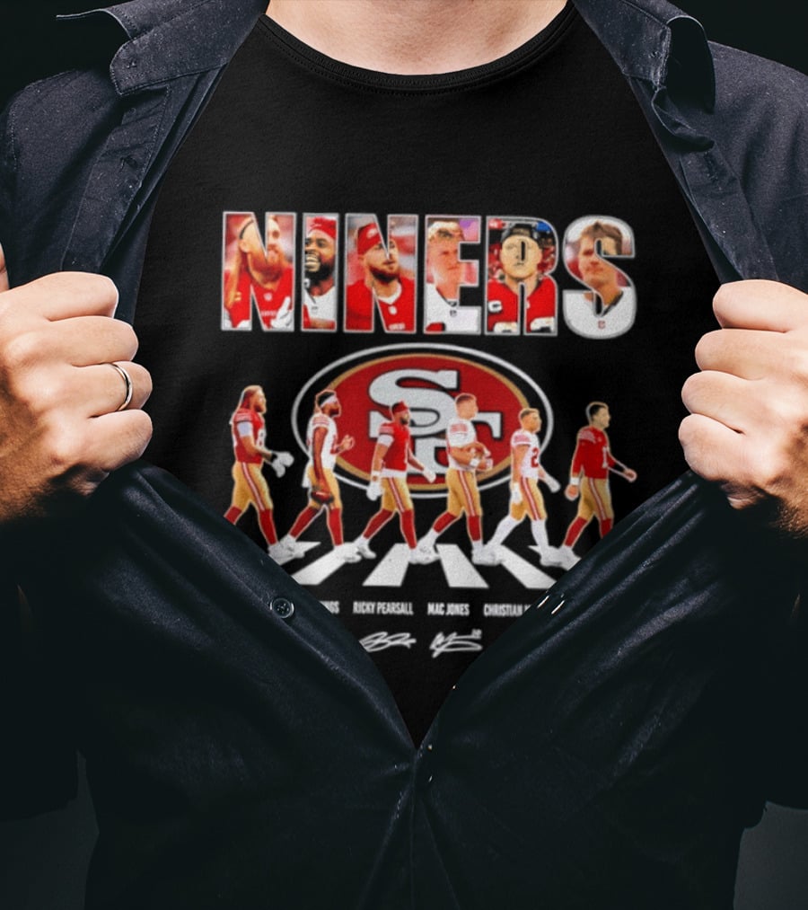 San Francisco 49ers George Kittle Jauan Jennings Ricky Pearsall Mac Jones Christian McCaffrey NINERS Walk NFL Legends Signatures T-Shirt