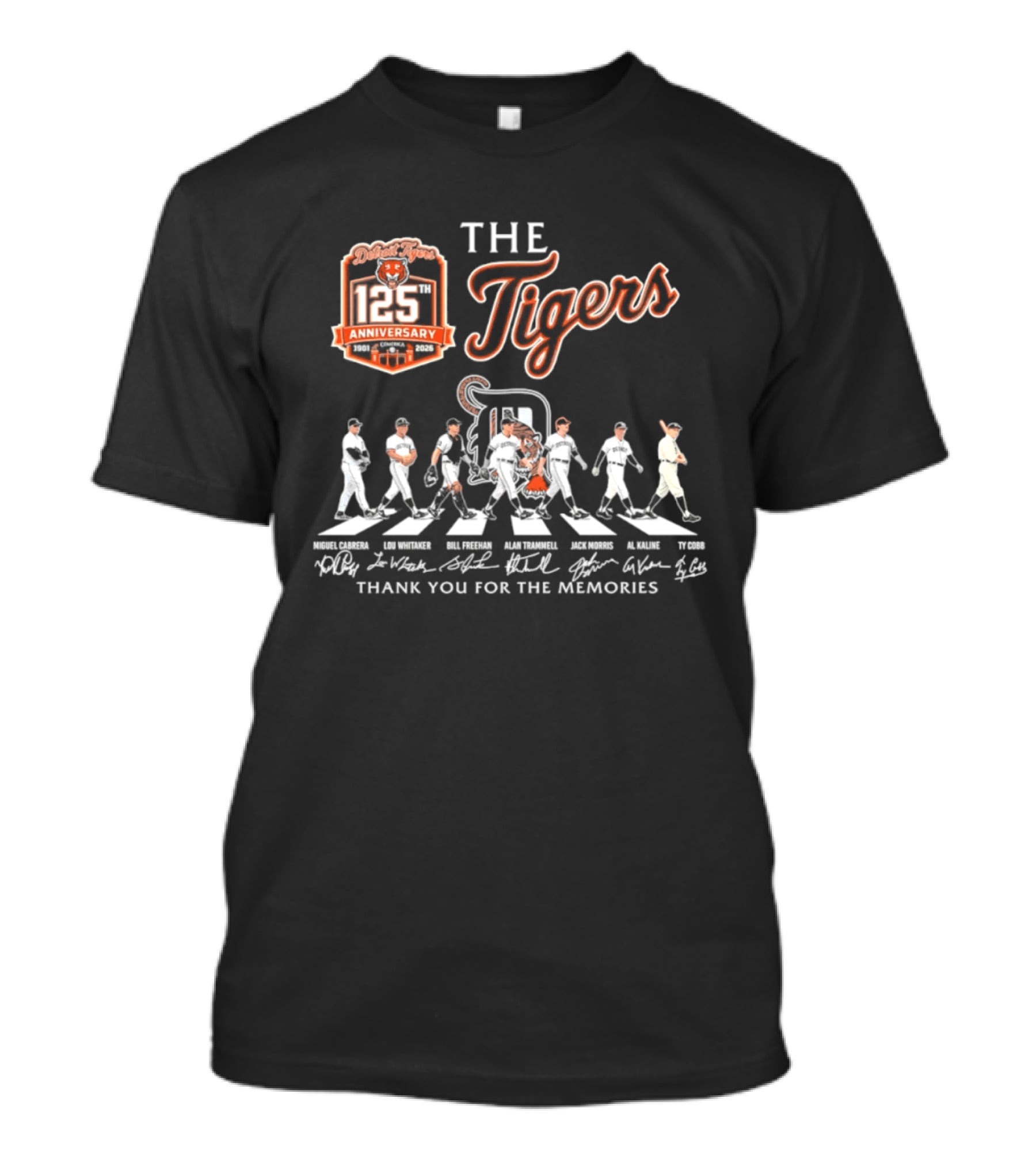 The Detroit Tigers 125th Anniversary Cabrera Whitaker Freehan Trammell Morris Kaline Cobb Thank You For The Memories T-Shirt