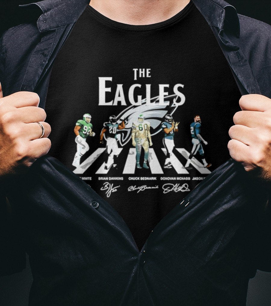 The Eagles Reggie White Brian Dawkins Chuck Bednarik Donovan McNabb Jason Kelce Philadelphia Eagles Signatures Abbey Road Crosswalk T-Shirt