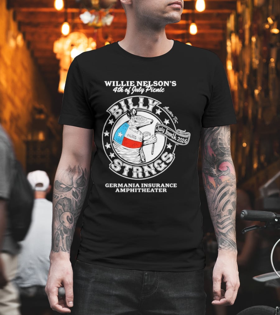 Willie Nelson's 4th Of July Picnic Billy Strings Germania Insurance Amphitheater Texas Flag Guitar T-Shirt