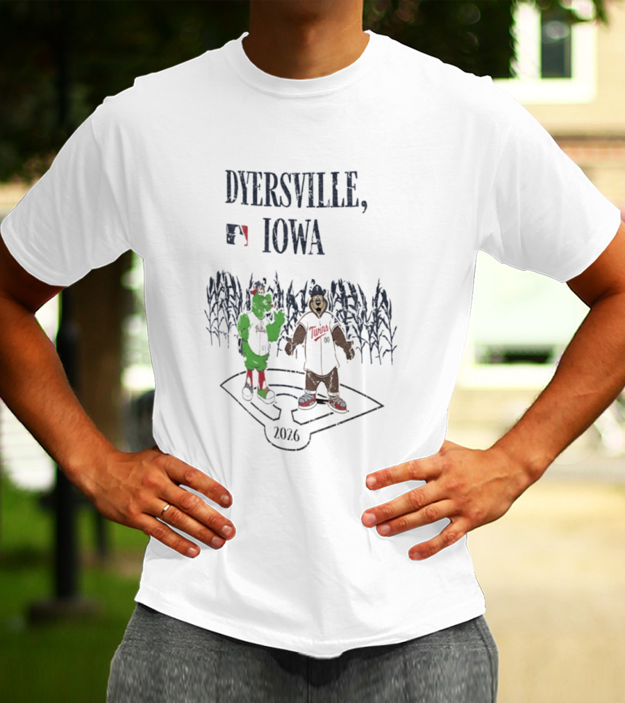 Dyersville Iowa 2026 MLB Philadelphia Phillies Vs Minnesota Twins Phillie Phanatic T.C. Bear Field Of Dreams T-Shirt