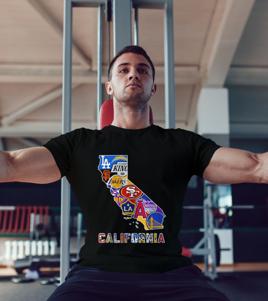 California Map Collage With 49ers Lakers Kings Giants Angels Dodgers Logos 2026 T-Shirt