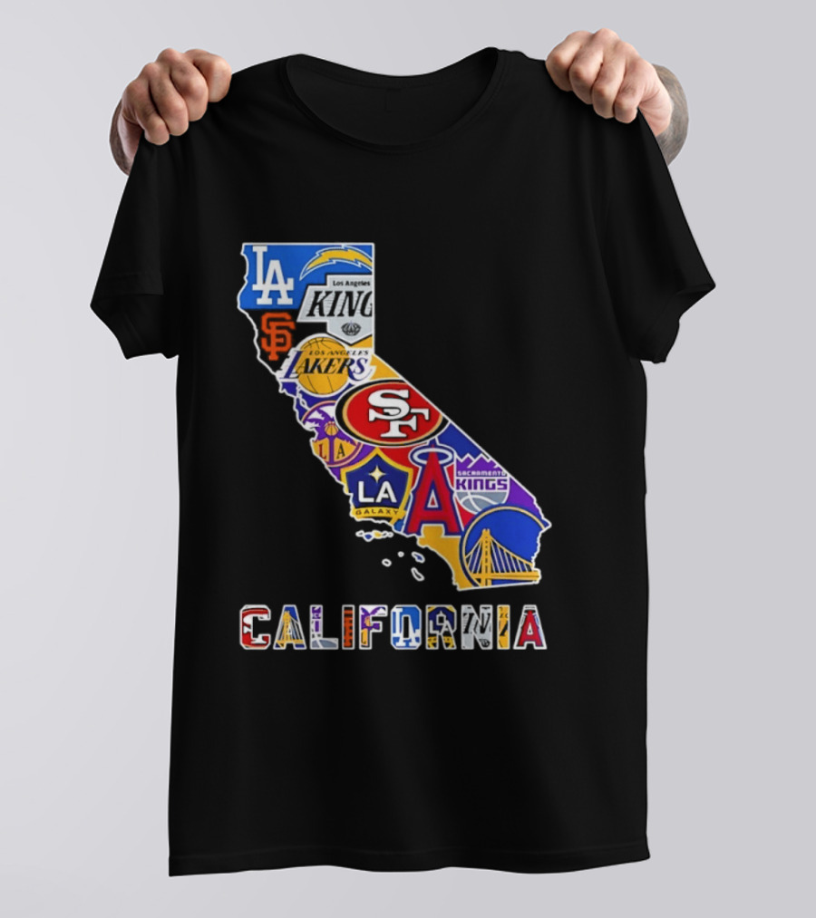 California Map Collage With 49ers Lakers Kings Giants Angels Dodgers Logos 2026 T-Shirt