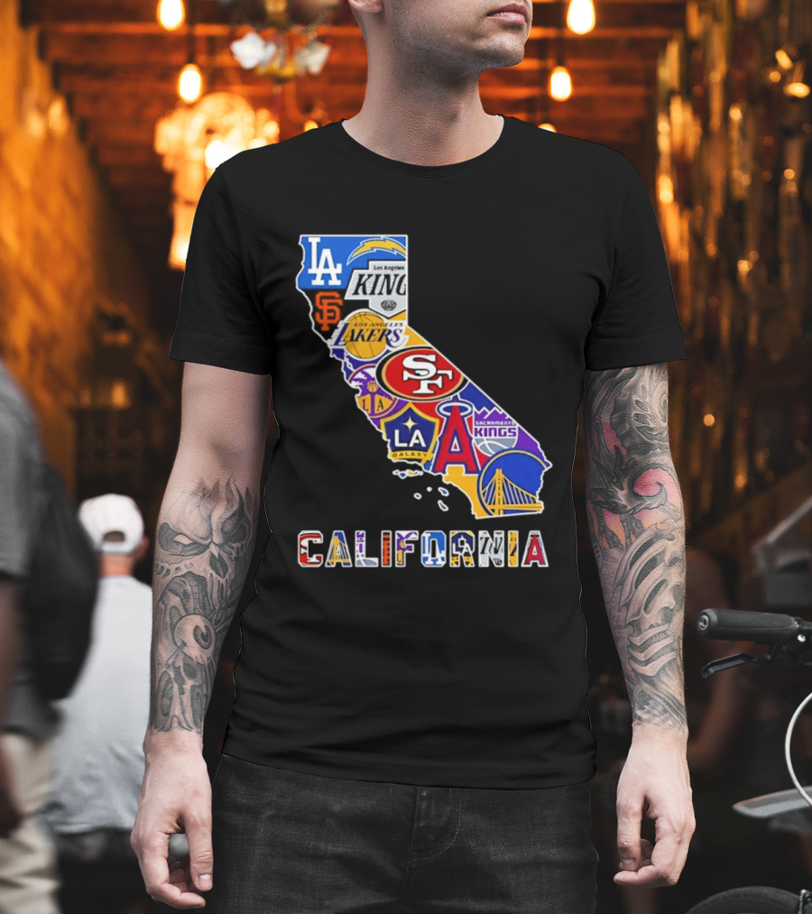 California Map Collage With 49ers Lakers Kings Giants Angels Dodgers Logos 2026 T-Shirt