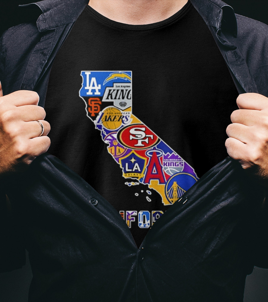 California Map Collage With 49ers Lakers Kings Giants Angels Dodgers Logos 2026 T-Shirt