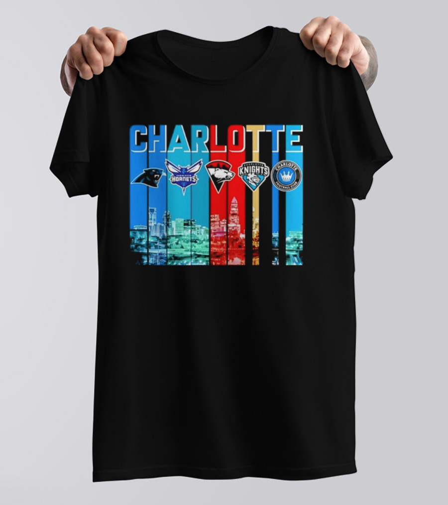 Charlotte Panthers Hornets Knights City Skyline Sports Team Logos T-Shirt