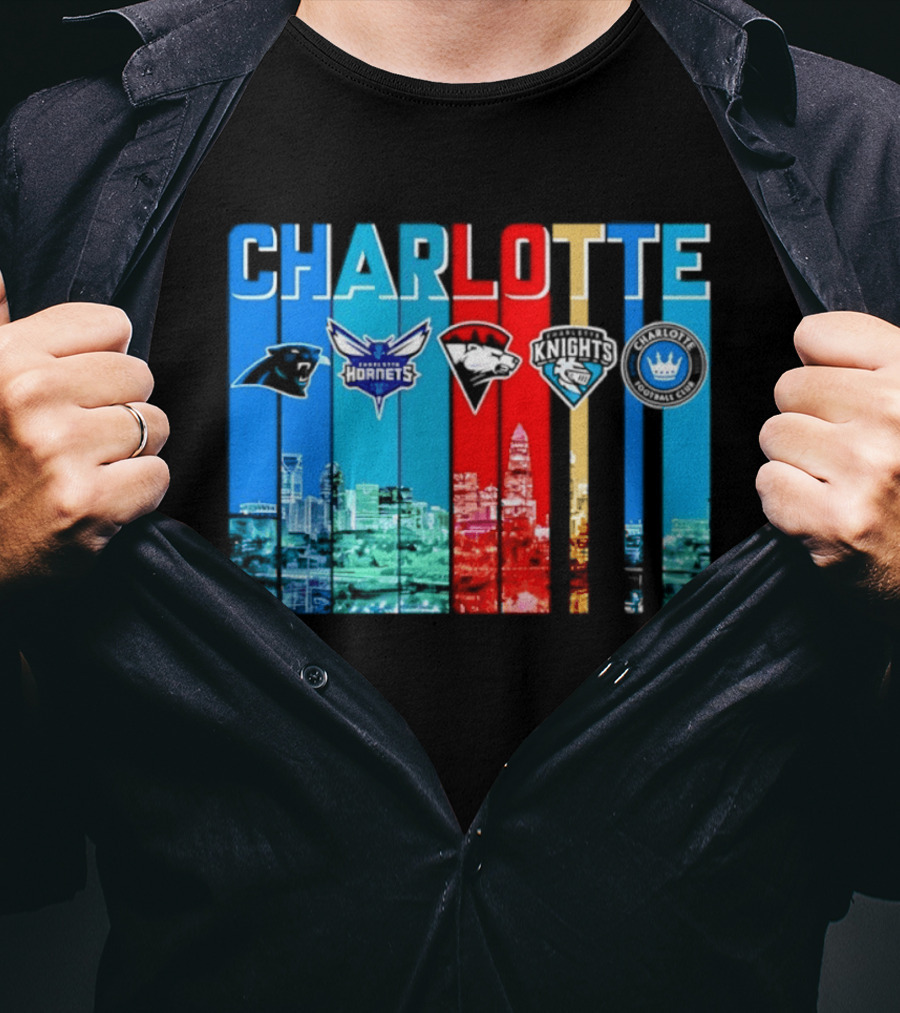 Charlotte Panthers Hornets Knights City Skyline Sports Team Logos T-Shirt