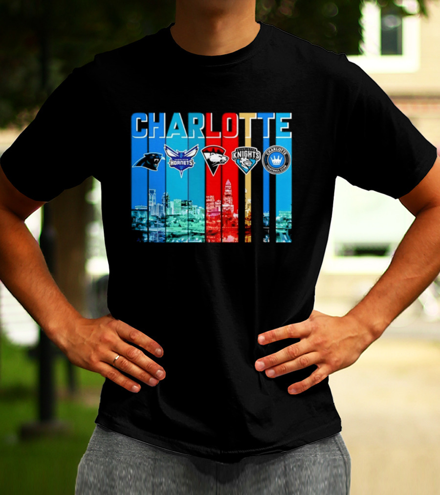 Charlotte Panthers Hornets Knights City Skyline Sports Team Logos T-Shirt