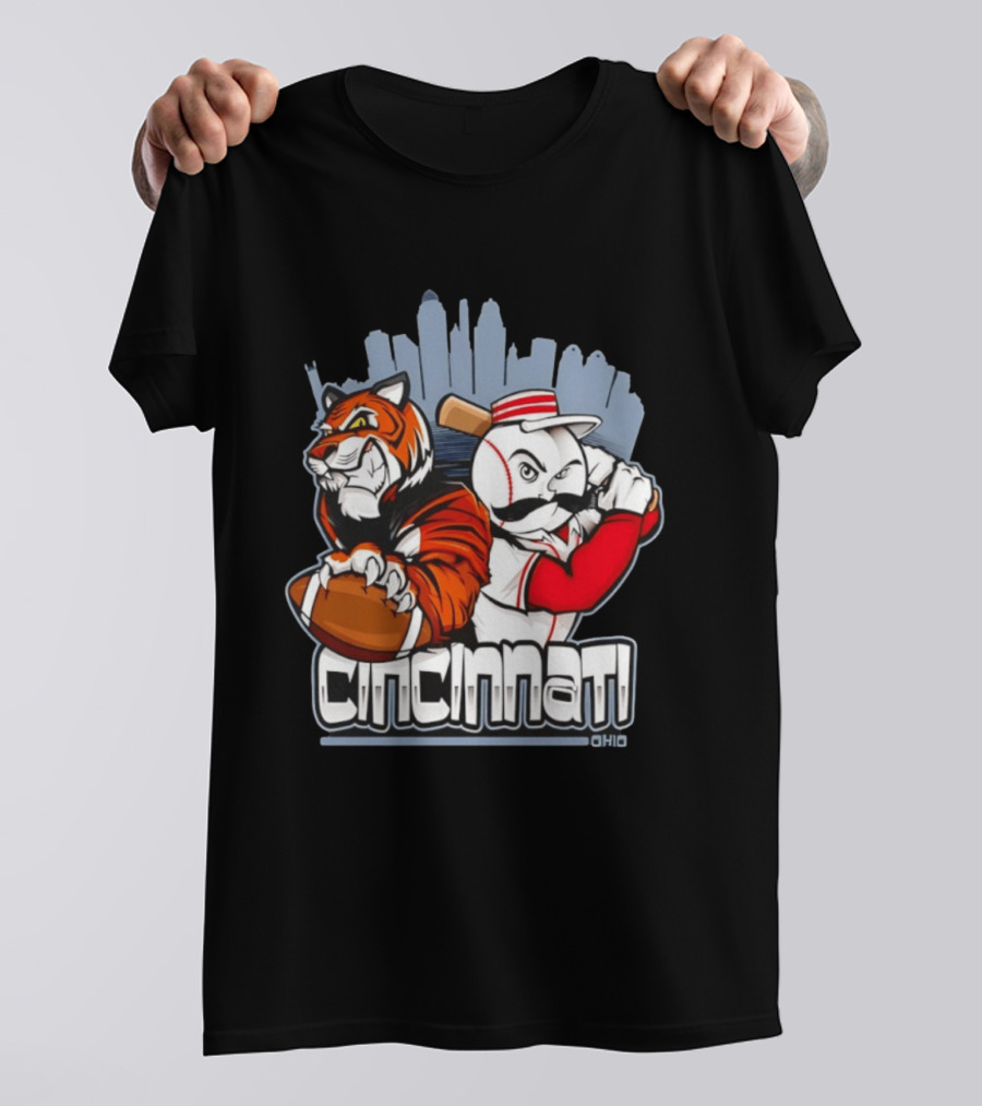 Cincinnati Reds Bengals Skyline Ohio Tiger And Baseball Character 2026 T-Shirt
