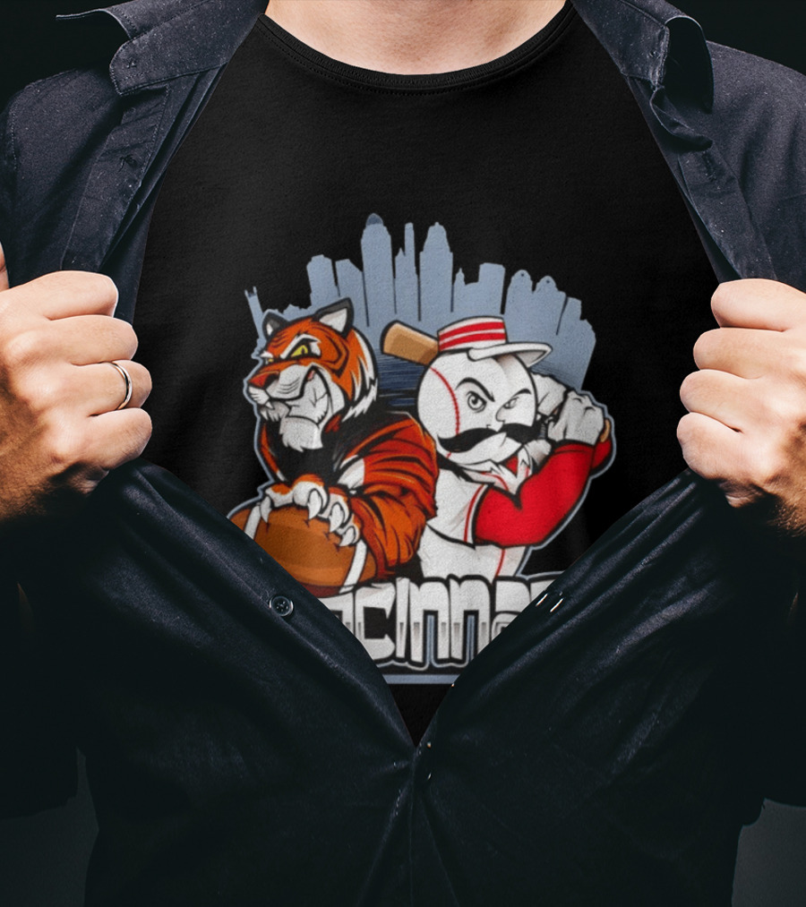 Cincinnati Reds Bengals Skyline Ohio Tiger And Baseball Character 2026 T-Shirt