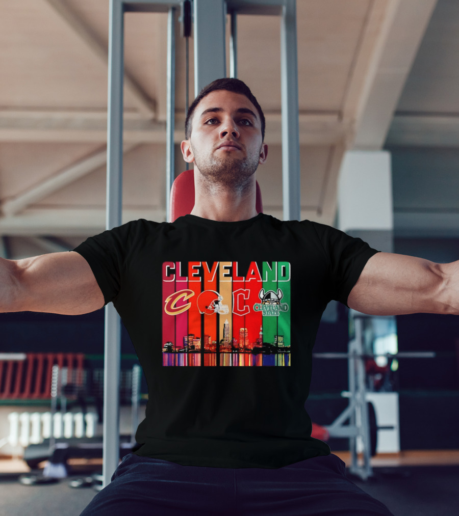 Cleveland Cavaliers Browns Guardians Cleveland State Vikings City Skyline T-Shirt