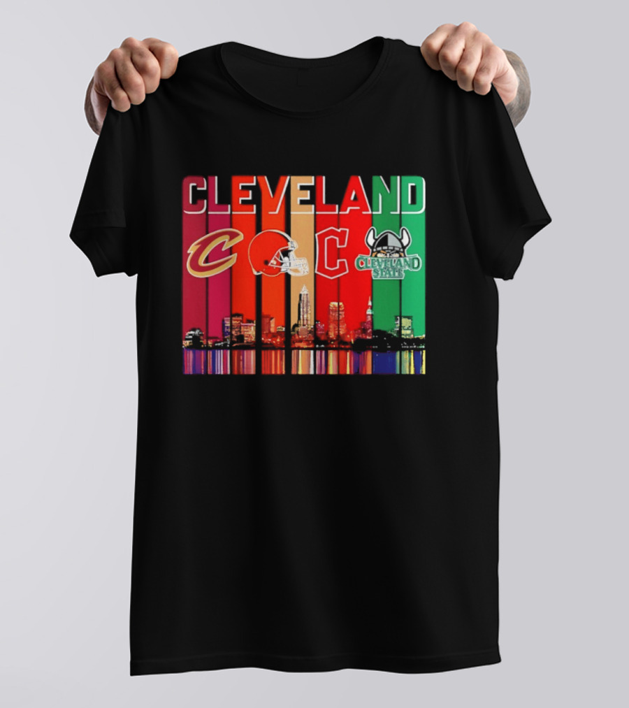Cleveland Cavaliers Browns Guardians Cleveland State Vikings City Skyline T-Shirt