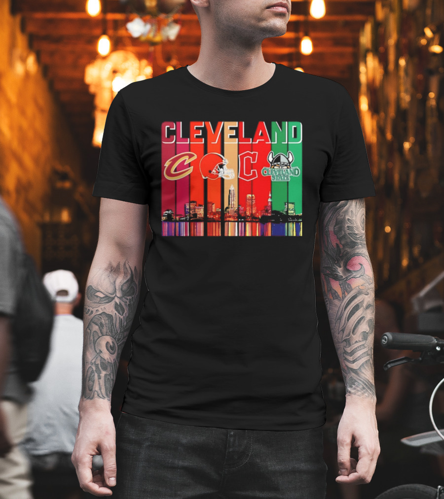 Cleveland Cavaliers Browns Guardians Cleveland State Vikings City Skyline T-Shirt