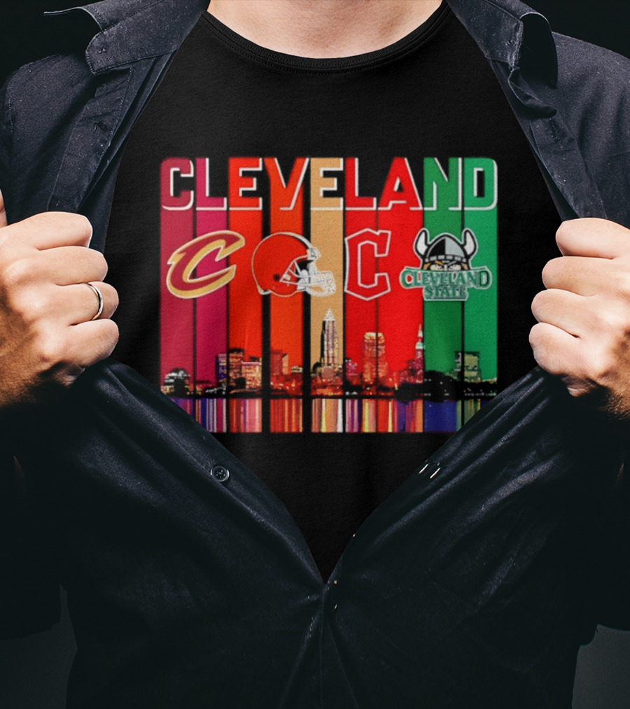 Cleveland Cavaliers Browns Guardians Cleveland State Vikings City Skyline T-Shirt
