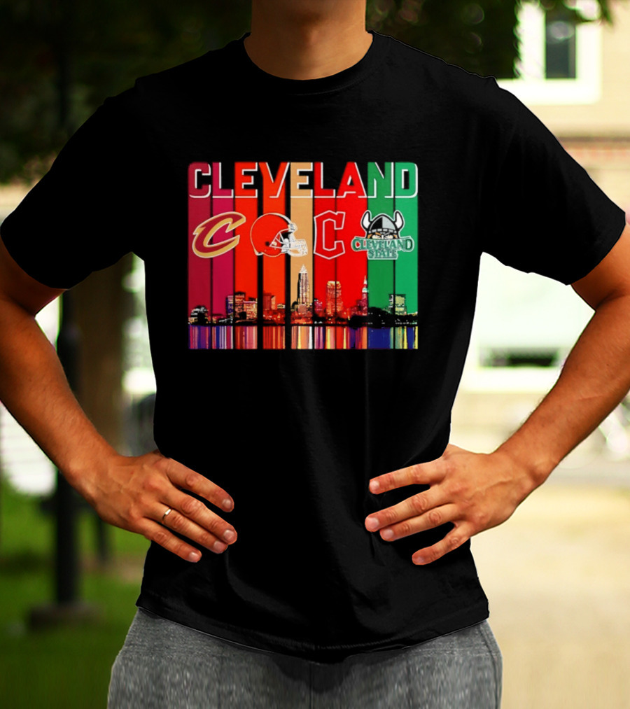 Cleveland Cavaliers Browns Guardians Cleveland State Vikings City Skyline T-Shirt