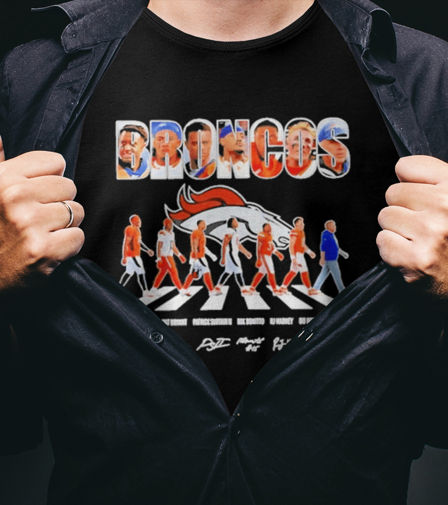Denver Broncos Abbey Road Sutton Bryant Surtain II Bonitto Harvey Nix Payton Signatures NFL Team T-Shirt