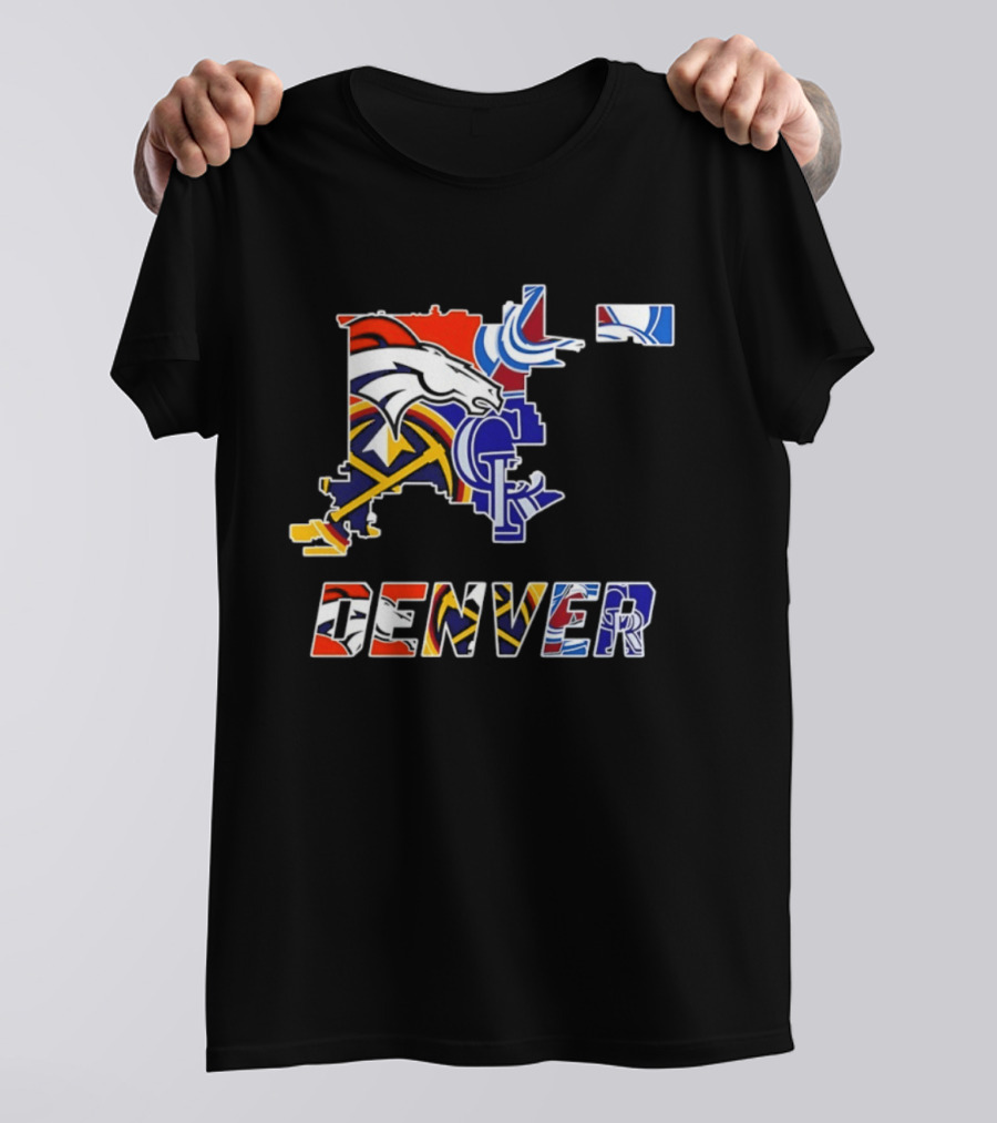Denver Broncos Nuggets Avalanche Rockies Map Sports Team Logos T-Shirt