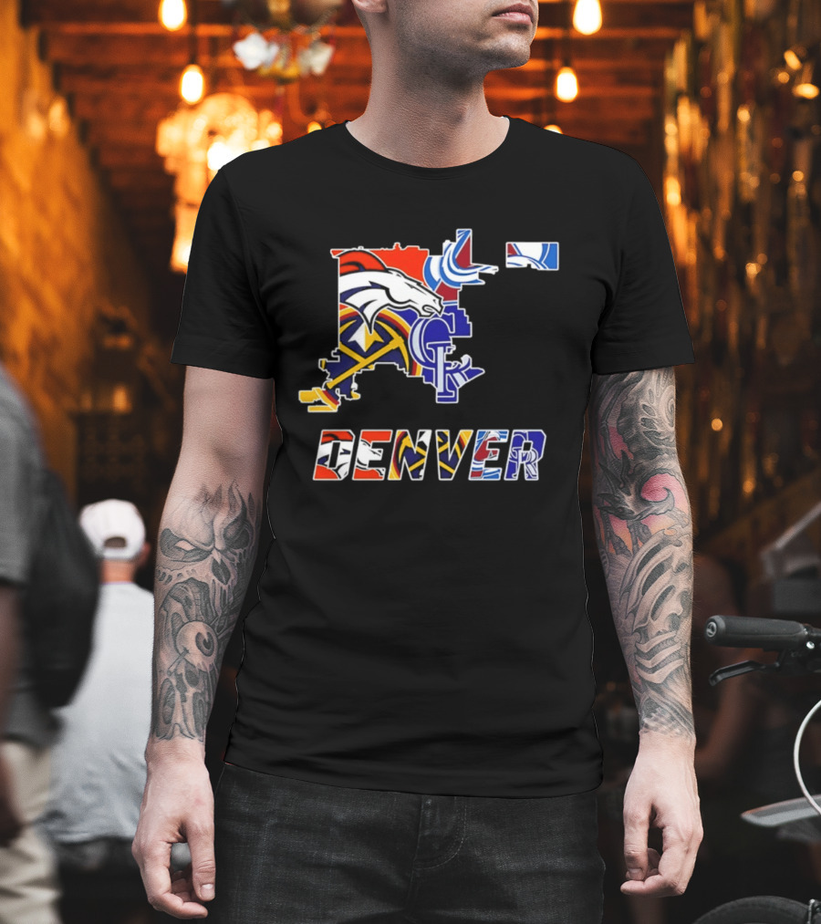 Denver Broncos Nuggets Avalanche Rockies Map Sports Team Logos T-Shirt