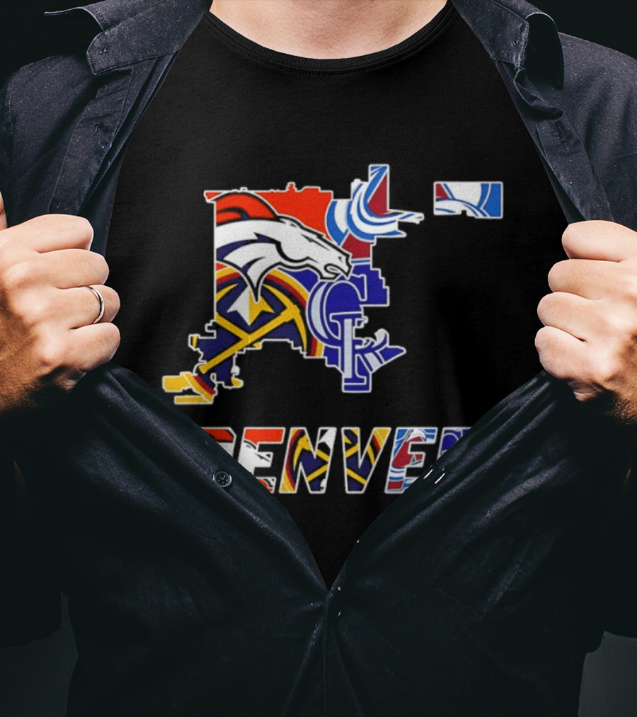 Denver Broncos Nuggets Avalanche Rockies Map Sports Team Logos T-Shirt