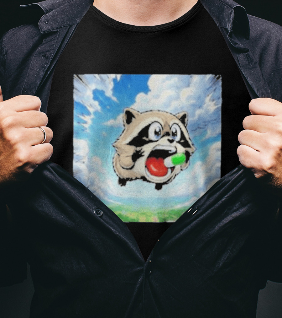 Jimothy Raccoon Cartoon Sky Dive With Colorful Capsule T-Shirt