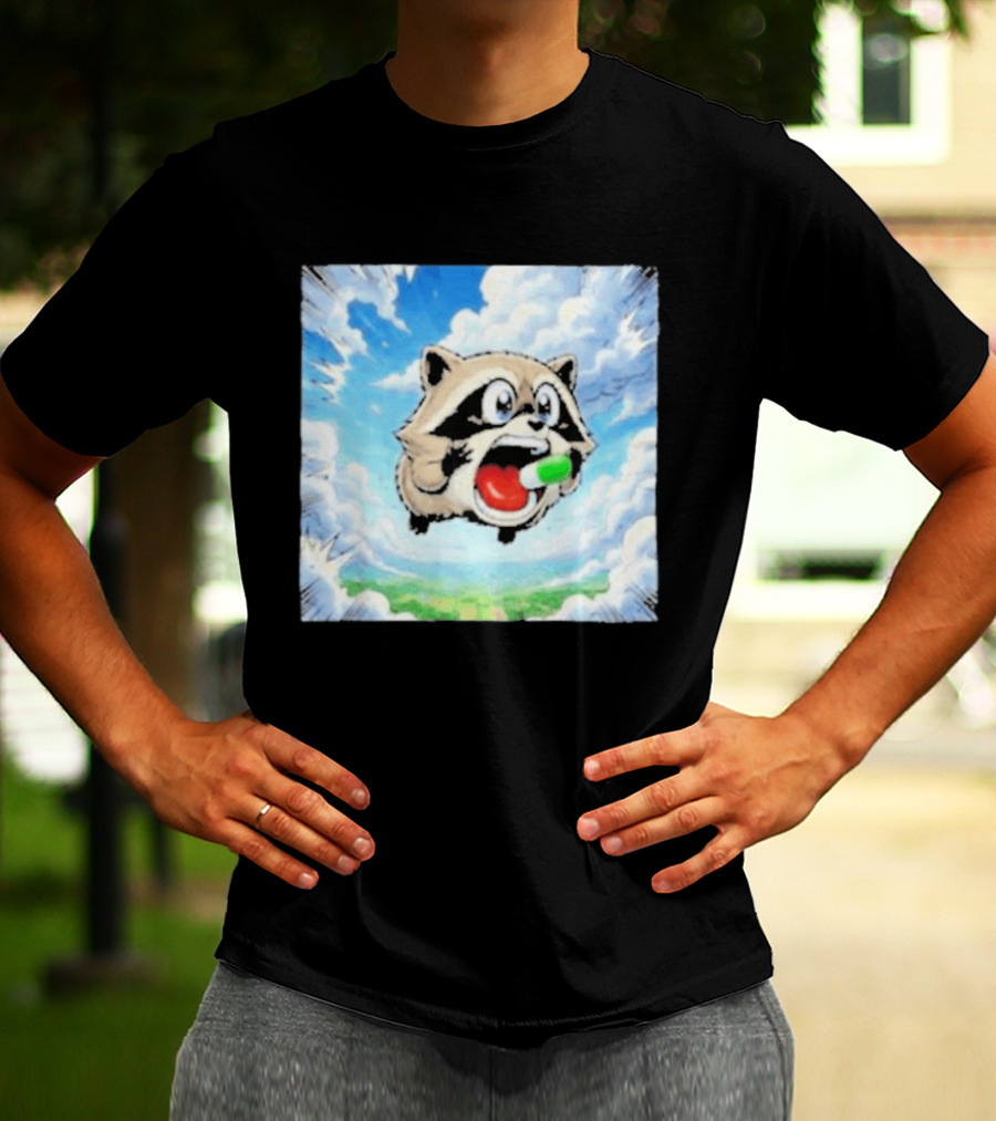 Jimothy Raccoon Cartoon Sky Dive With Colorful Capsule T-Shirt