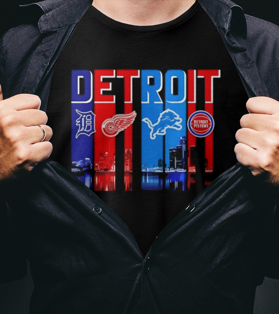 Detroit Tigers Red Wings Lions Pistons City Skyline 2026 T-Shirt