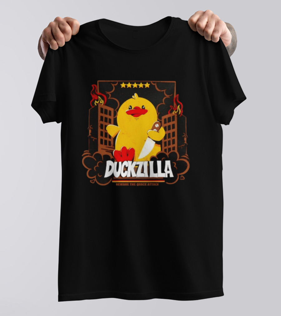 Duckzilla Beware The Quack Attack Knife Wielding Giant Duck With Burning Buildings T-Shirt