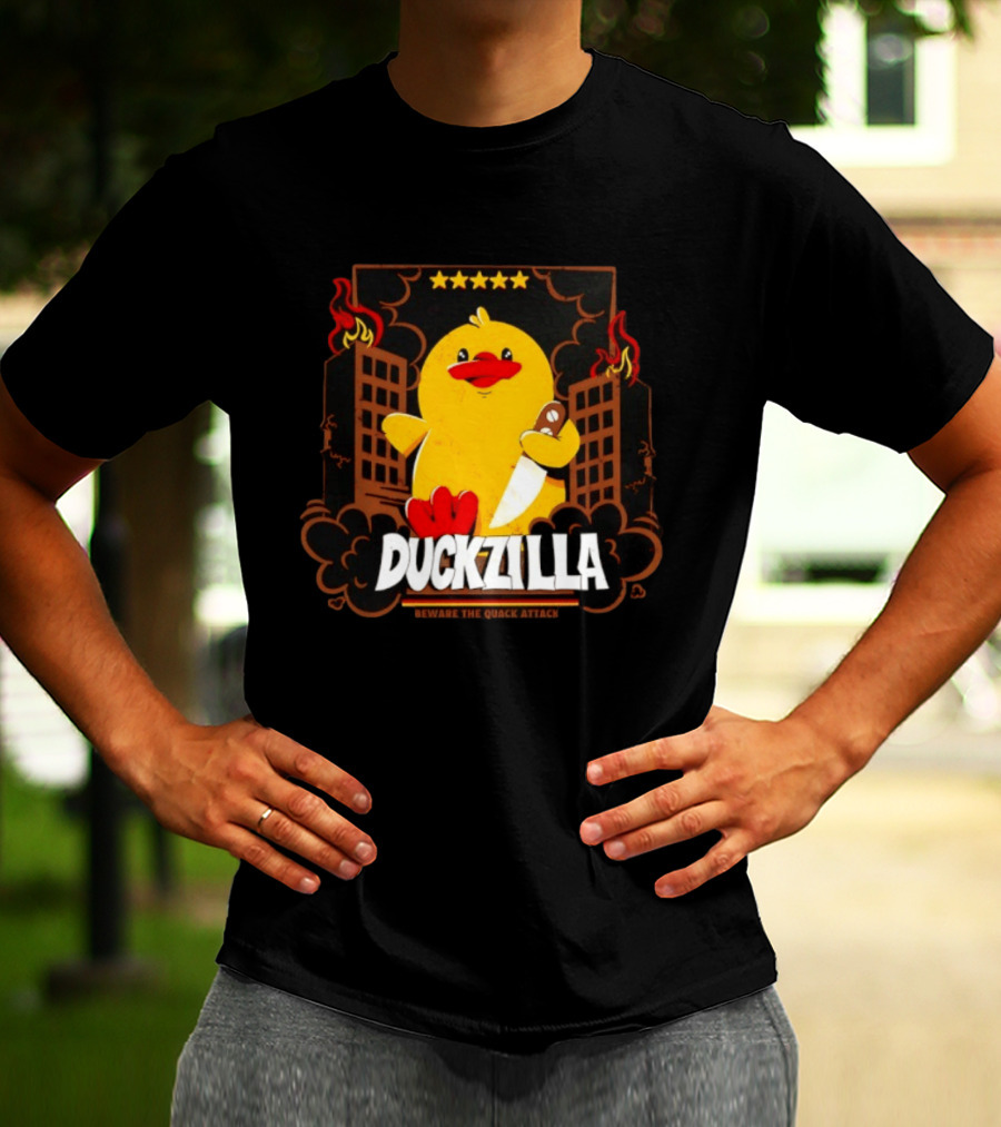 Duckzilla Beware The Quack Attack Knife Wielding Giant Duck With Burning Buildings T-Shirt