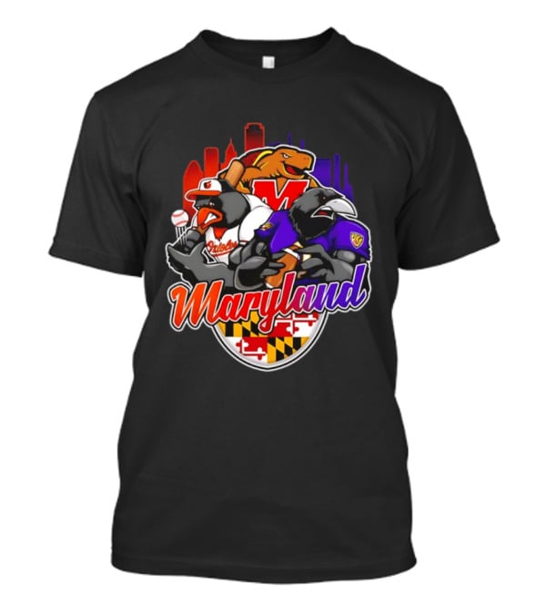 Maryland Orioles Ravens Terrapins Skyline Mashup With Flag T-Shirt