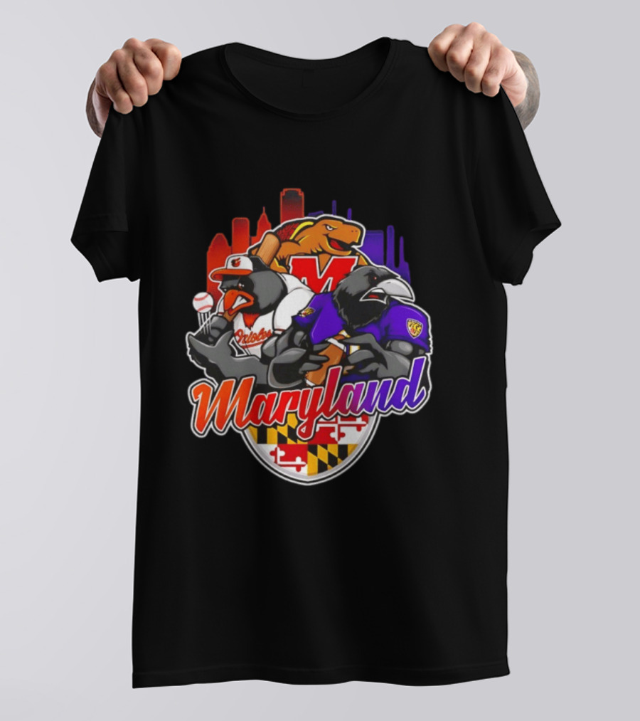 Maryland Orioles Ravens Terrapins Skyline Mashup With Flag T-Shirt