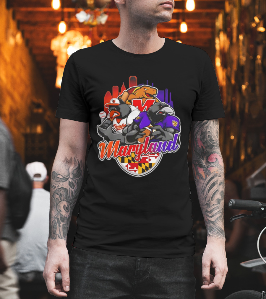 Maryland Orioles Ravens Terrapins Skyline Mashup With Flag T-Shirt