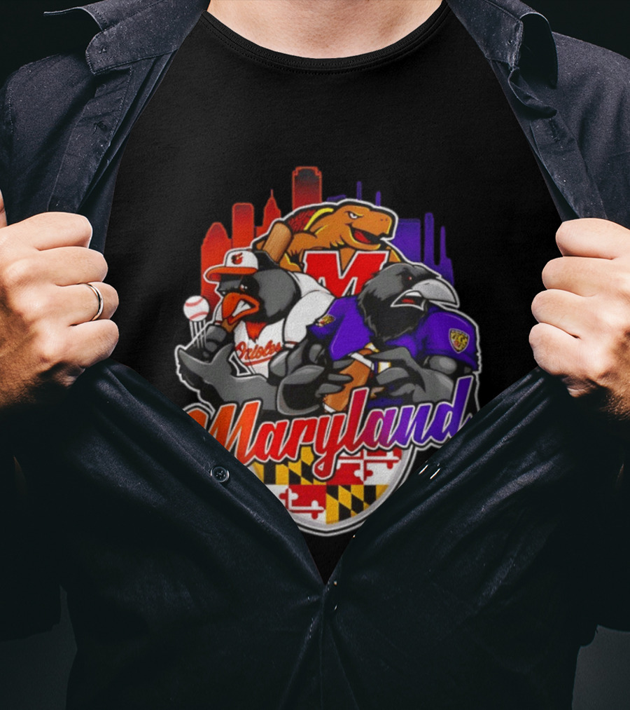 Maryland Orioles Ravens Terrapins Skyline Mashup With Flag T-Shirt