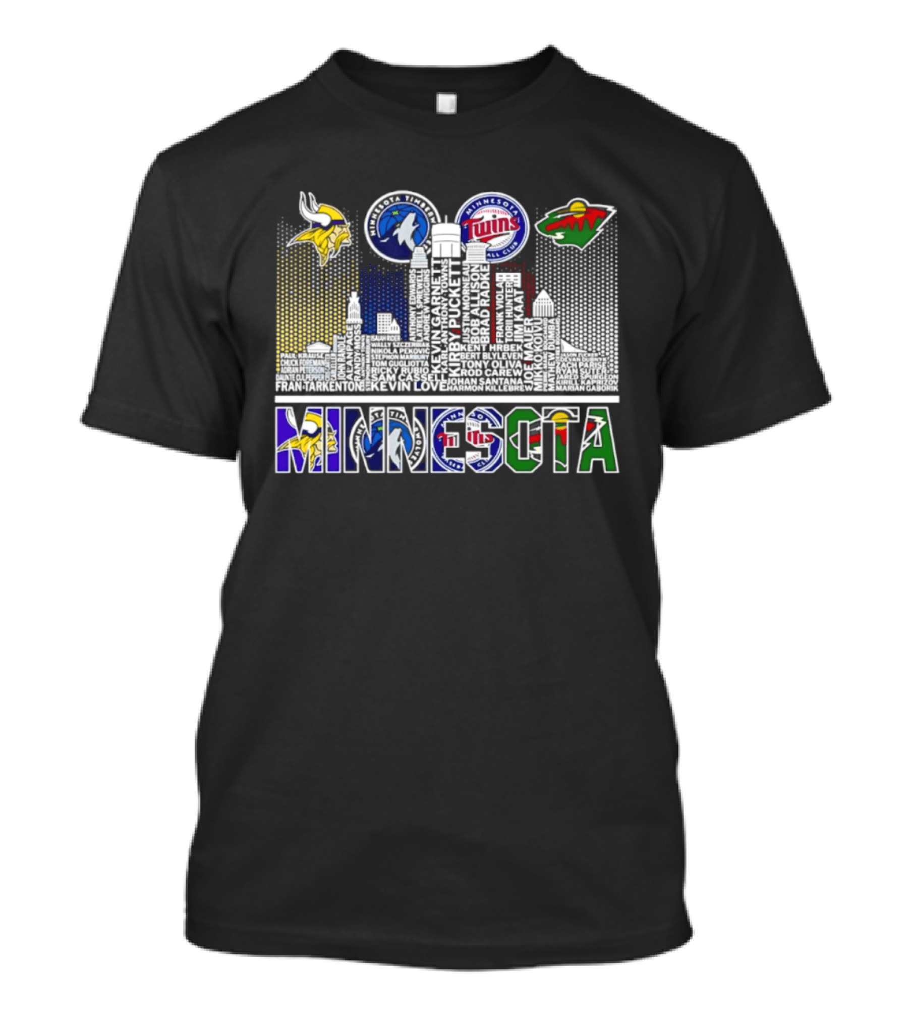Minnesota Vikings Timberwolves Twins Wild Skyline Roster Names T-Shirt