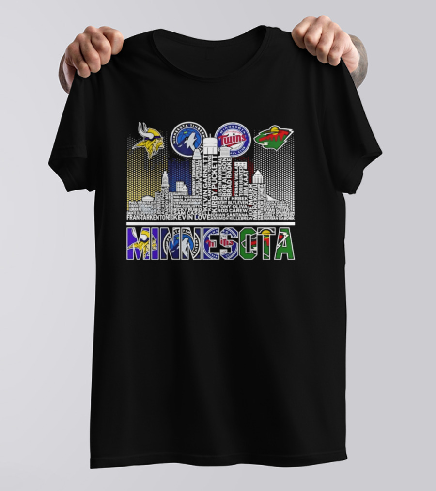 Minnesota Vikings Timberwolves Twins Wild Skyline Roster Names T-Shirt