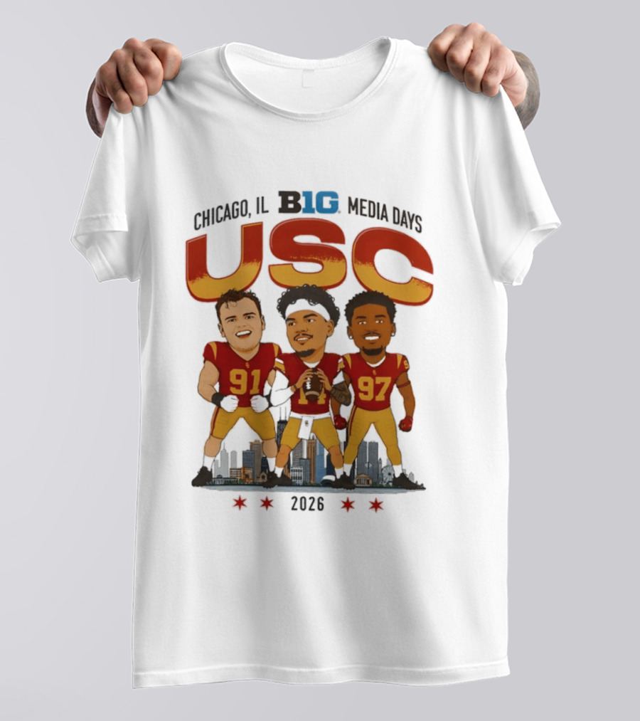 USC Trojans Big Ten Media Days 2026 Chicago Skyline Caricature Jayden Maiava Alex VanSumeren Jide Abasiri T-Shirt