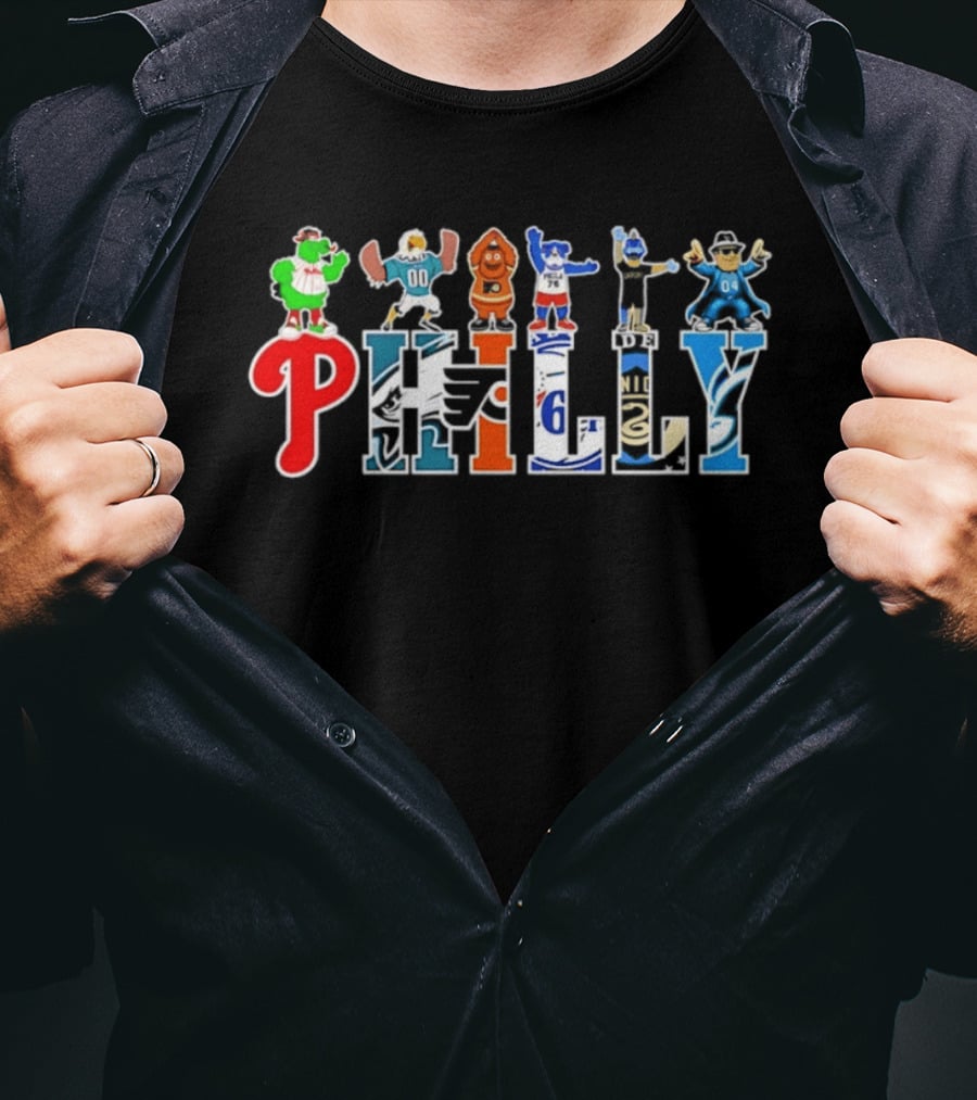 Philly Mascots 2026 Phillies Eagles Flyers Sixers Union Phanatic Gritty Swoop Franklin Fang T-Shirt