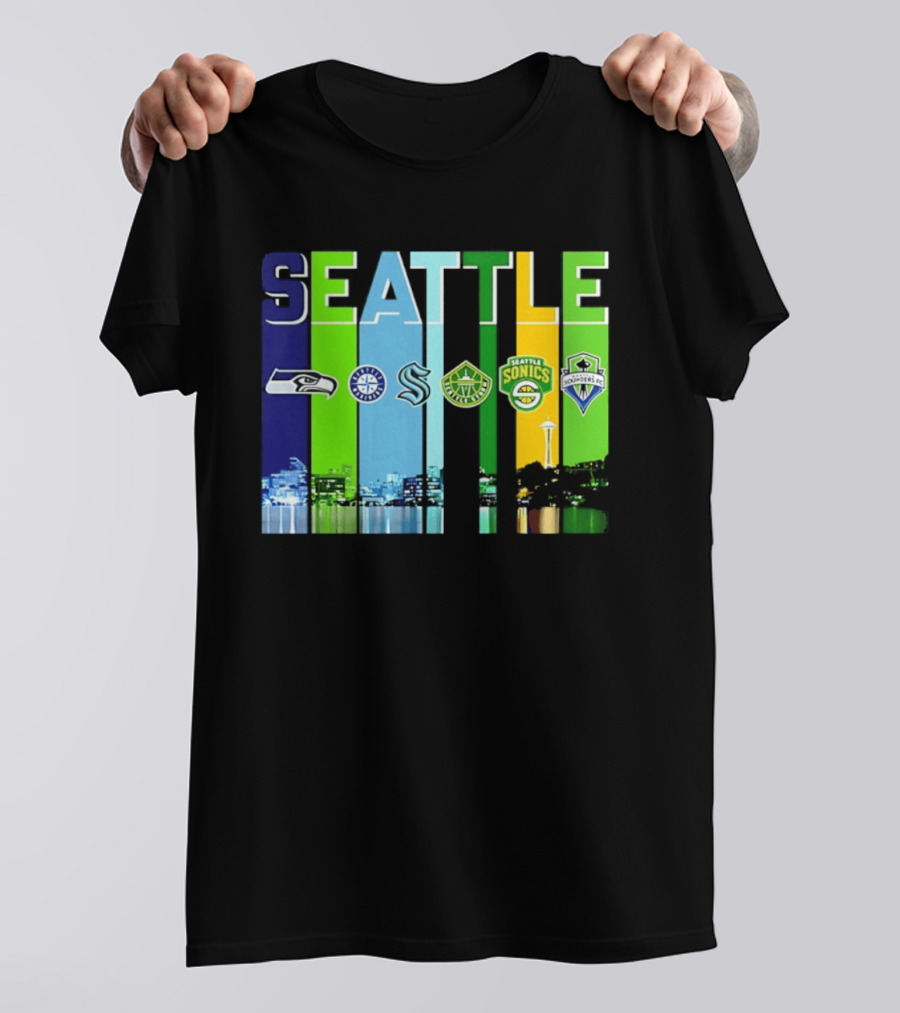 Seattle Seahawks Mariners Kraken Sonics Storm Sounders City Skyline T-Shirt