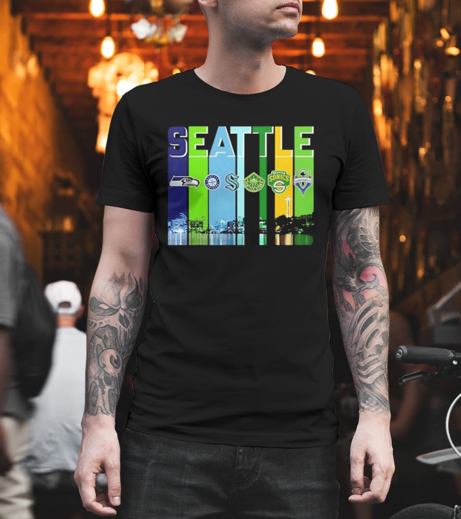 Seattle Seahawks Mariners Kraken Sonics Storm Sounders City Skyline T-Shirt