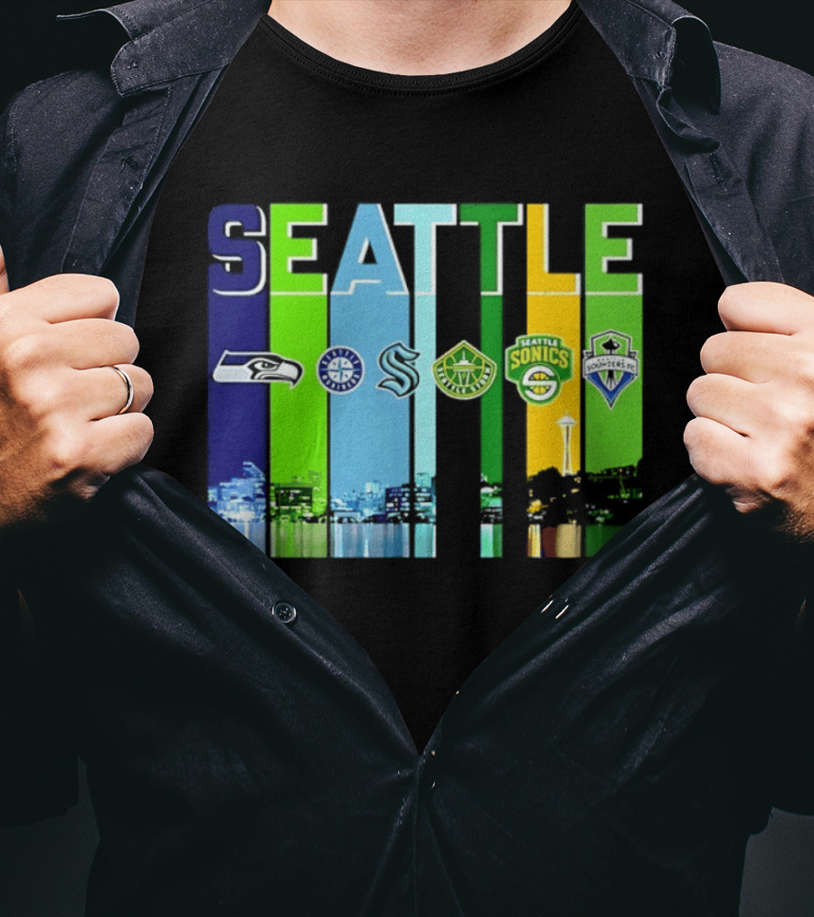Seattle Seahawks Mariners Kraken Sonics Storm Sounders City Skyline T-Shirt