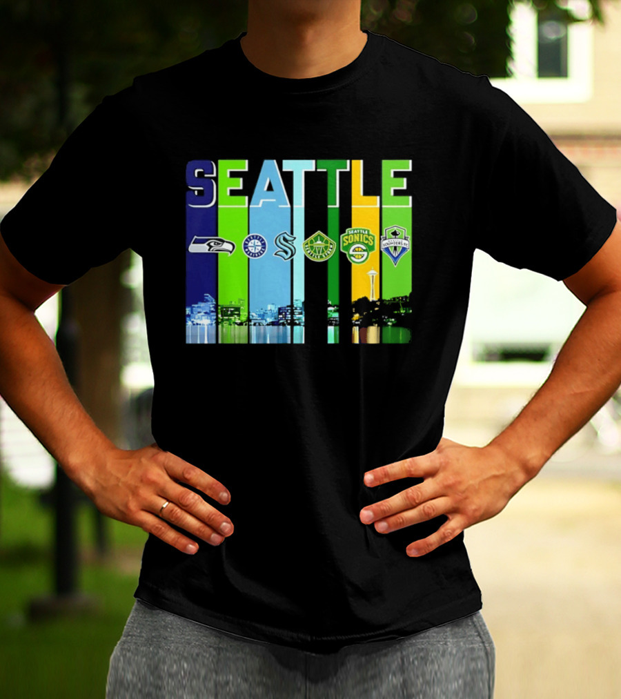 Seattle Seahawks Mariners Kraken Sonics Storm Sounders City Skyline T-Shirt