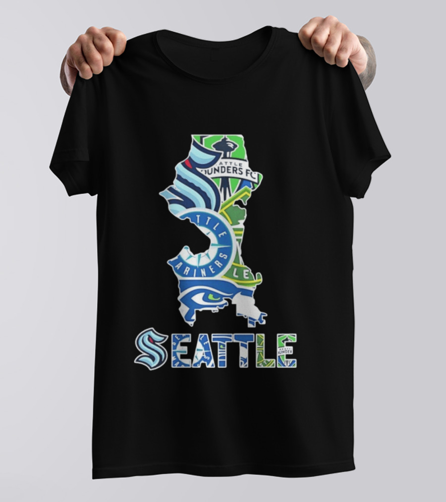 Seattle Kraken Mariners Seahawks Sounders FC Map Collage 2026 T-Shirt