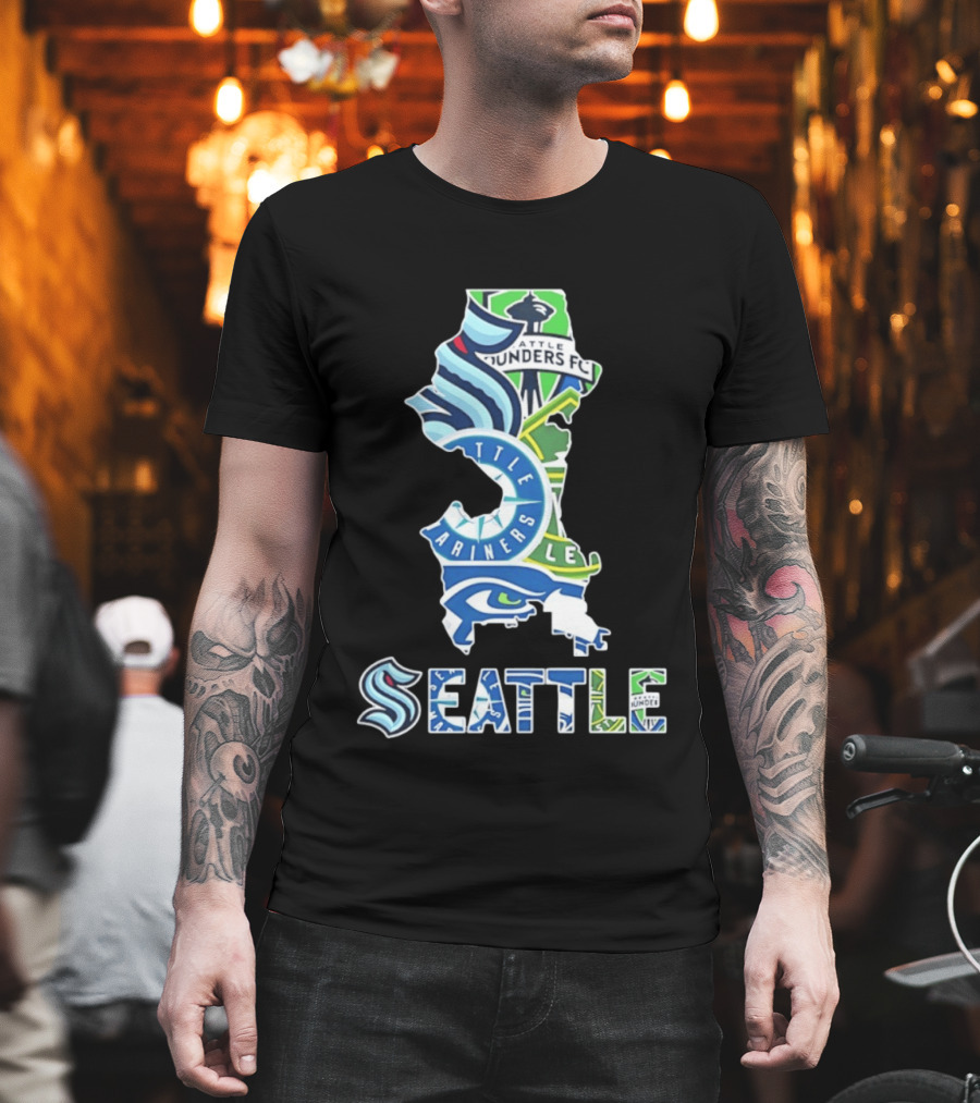 Seattle Kraken Mariners Seahawks Sounders FC Map Collage 2026 T-Shirt