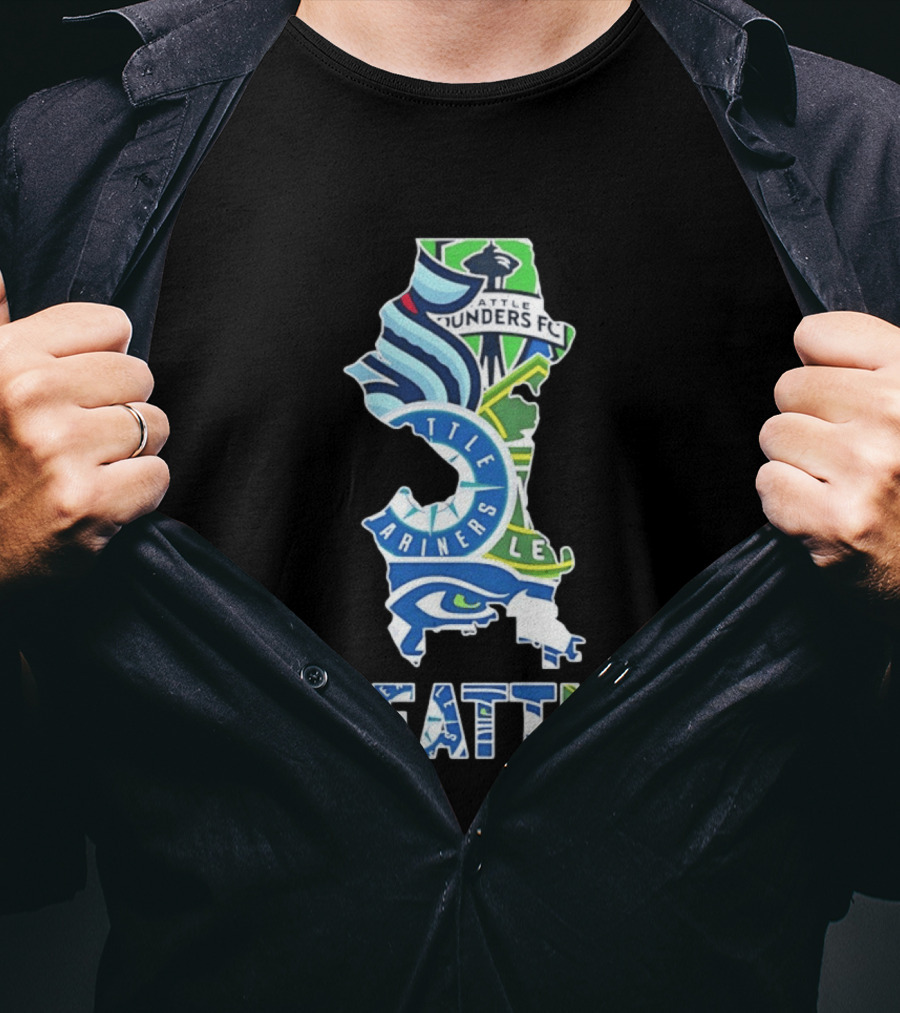 Seattle Kraken Mariners Seahawks Sounders FC Map Collage 2026 T-Shirt