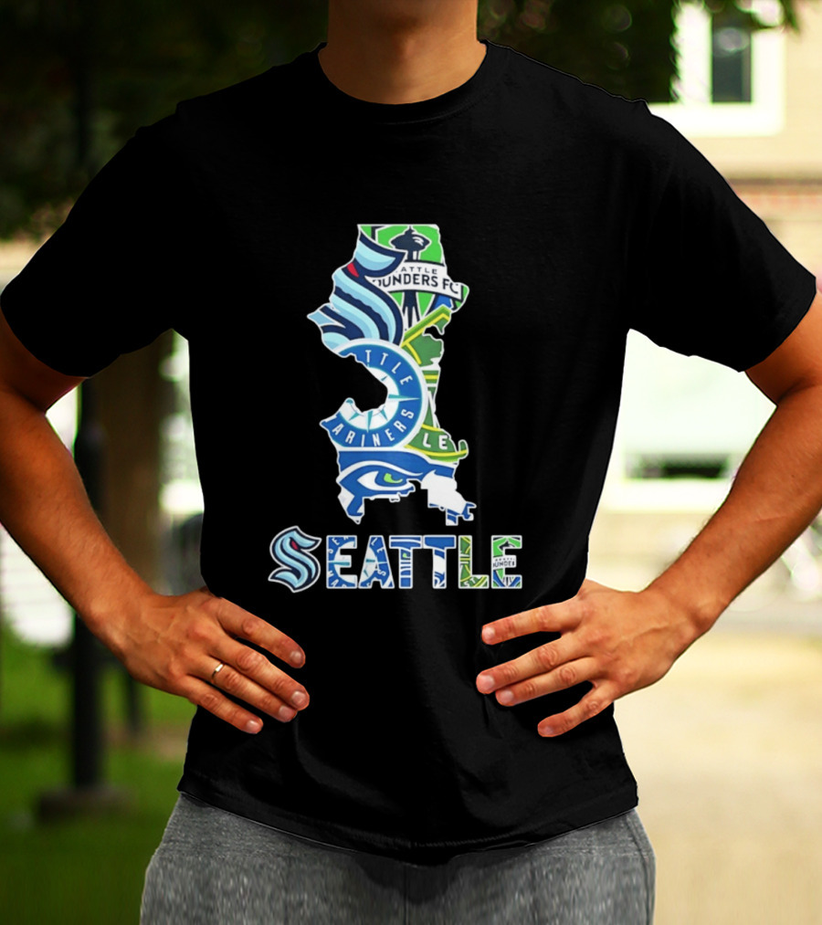 Seattle Kraken Mariners Seahawks Sounders FC Map Collage 2026 T-Shirt