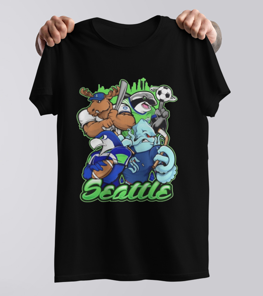 Seattle Sports Team Mascot Mashup With Moose Orca Octopus Bird Skyline T-Shirt