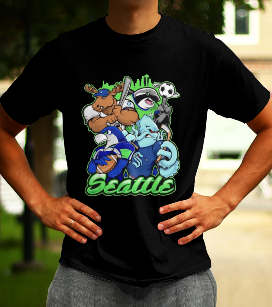 Seattle Sports Team Mascot Mashup With Moose Orca Octopus Bird Skyline T-Shirt