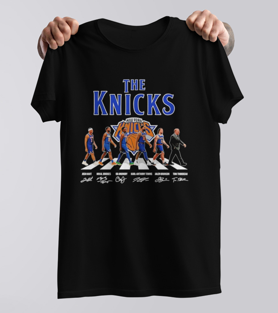 The Knicks Josh Hart Mikal Bridges OG Anunoby Karl Anthony Towns Jalen Brunson Tom Thibodeau Signatures Walking Knickerbockers T-Shirt
