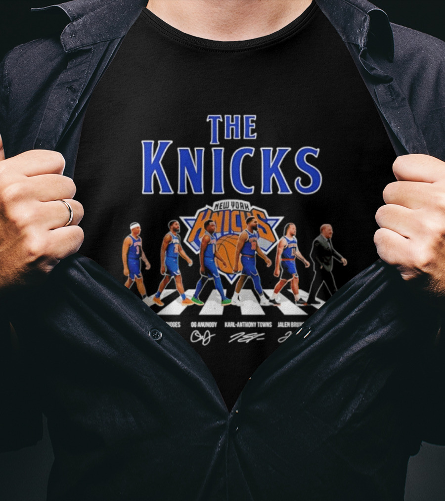 The Knicks Josh Hart Mikal Bridges OG Anunoby Karl Anthony Towns Jalen Brunson Tom Thibodeau Signatures Walking Knickerbockers T-Shirt