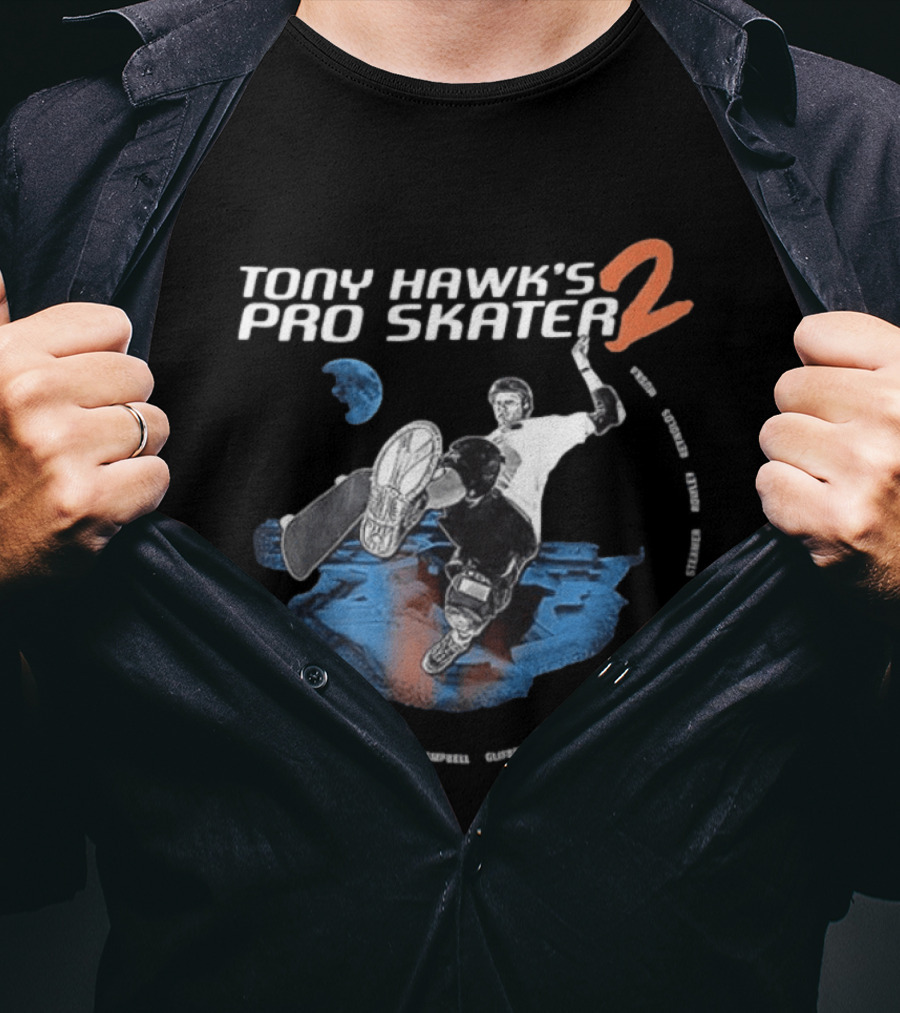 Tony Hawk's Pro Skater 2 Hawk's Back With New Technology New Pros And New Tracks 2 Sided Flip McTwist Skateboarding Legends T-Shirt