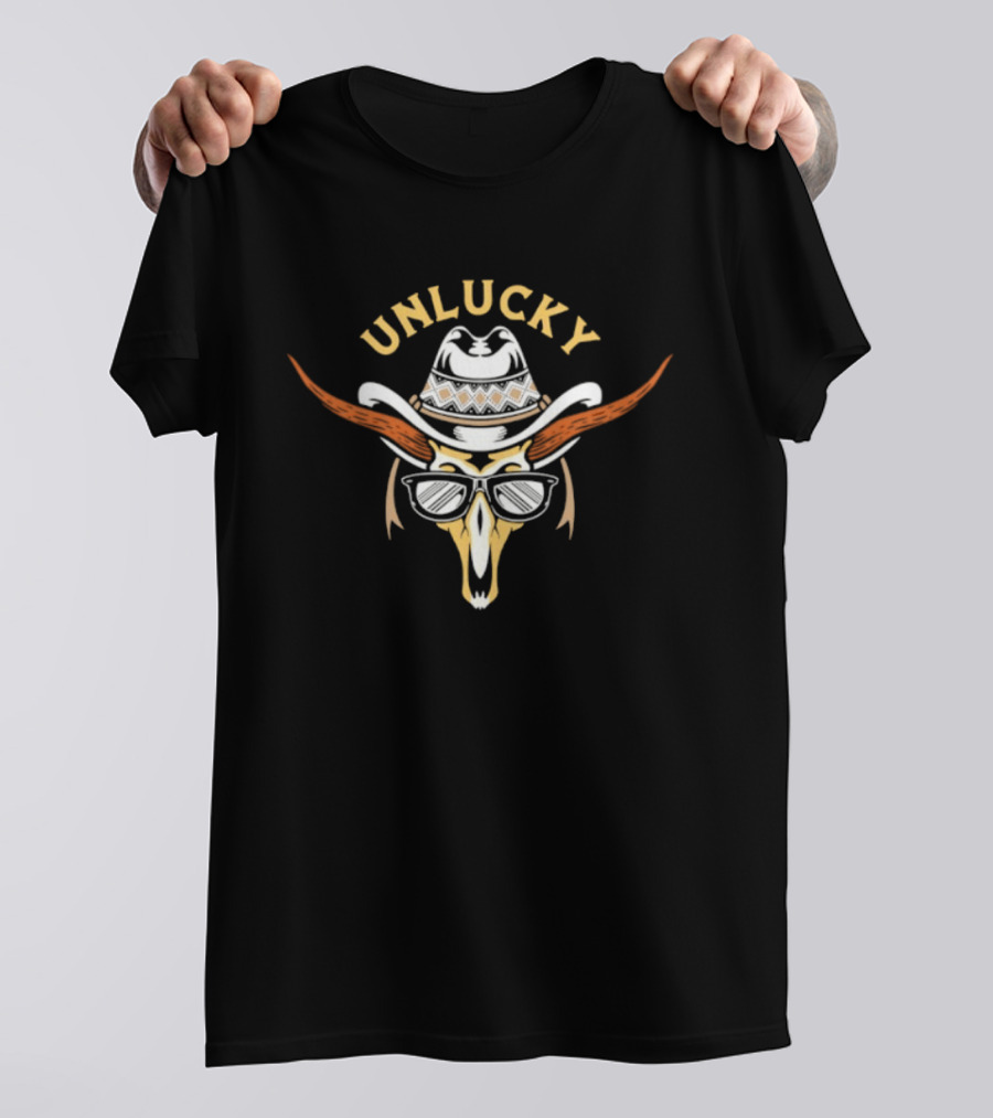 Unlucky Cowboy Skull Sunglasses Western Horns Hat T-Shirt
